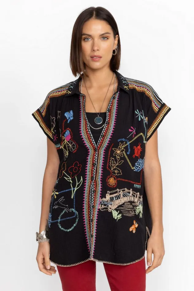 Women DIONNE BUTTON DOWN BLOUSE Black Johnny Was Tops Women DIONNE BUTTON DOWN BLOUSE Black Johnny Was Tops