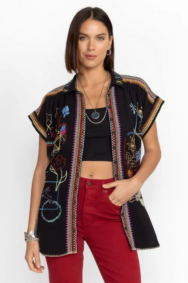 Women DIONNE BUTTON DOWN BLOUSE Black Johnny Was Tops Women DIONNE BUTTON DOWN BLOUSE Black Johnny Was Tops