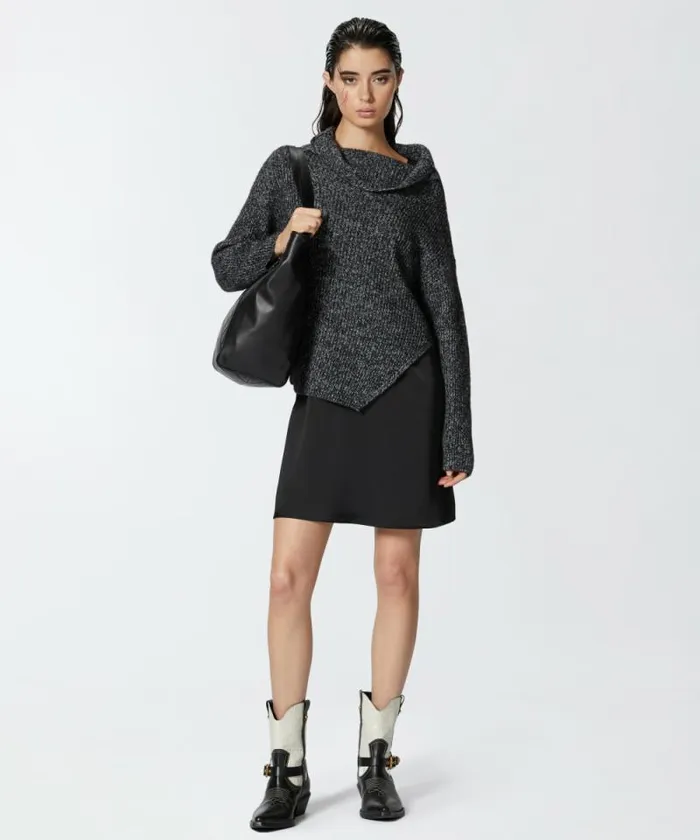 Women Dresses Pinko Dualfabric Dress With Alpacablend Sweater Greyblackwhite Women Dresses Pinko Dualfabric Dress With Alpacablend Sweater Greyblackwhite