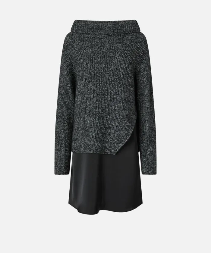 Women Dresses Pinko Dualfabric Dress With Alpacablend Sweater Greyblackwhite Women Dresses Pinko Dualfabric Dress With Alpacablend Sweater Greyblackwhite