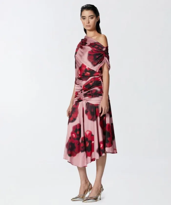Women Dresses Pinko Fadeeffect Midi Dress With Floral Print And Draping Pinkred Women Dresses Pinko Fadeeffect Midi Dress With Floral Print And Draping Pinkred