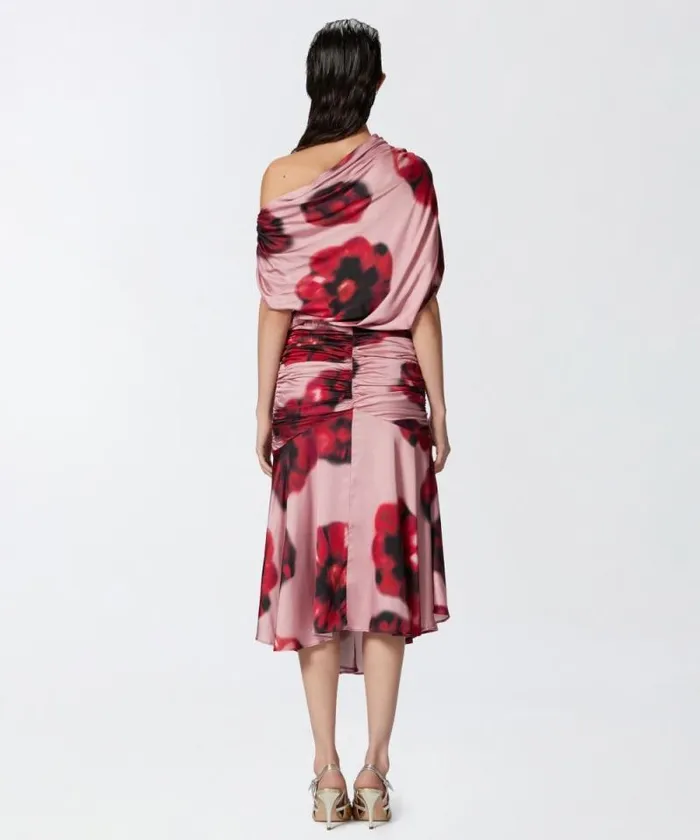 Women Dresses Pinko Fadeeffect Midi Dress With Floral Print And Draping Pinkred Women Dresses Pinko Fadeeffect Midi Dress With Floral Print And Draping Pinkred