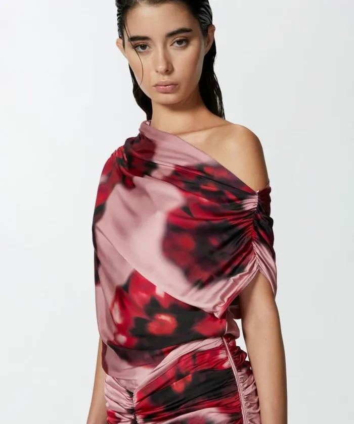 Women Dresses Pinko Fadeeffect Midi Dress With Floral Print And Draping Pinkred Women Dresses Pinko Fadeeffect Midi Dress With Floral Print And Draping Pinkred