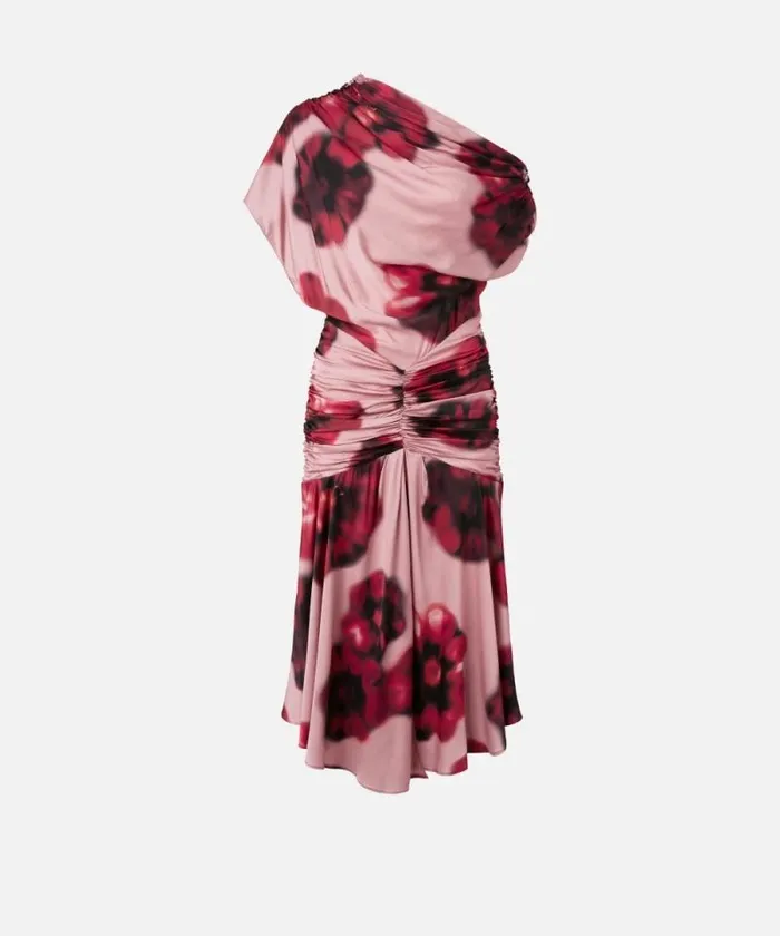 Women Dresses Pinko Fadeeffect Midi Dress With Floral Print And Draping Pinkred Women Dresses Pinko Fadeeffect Midi Dress With Floral Print And Draping Pinkred