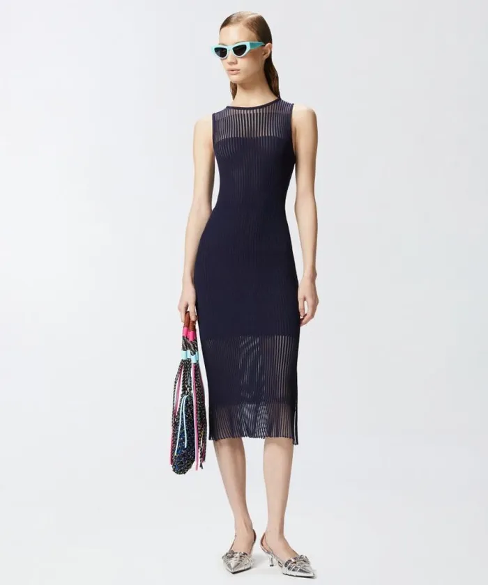 Women Dresses Pinko Fitted Midi Dress With Transparent Ribs Gloomy Blue Women Dresses Pinko Fitted Midi Dress With Transparent Ribs Gloomy Blue