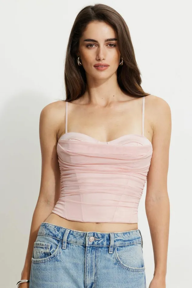 Women Dynamite Blouses and Tops Draped Mesh Corset Top Pink