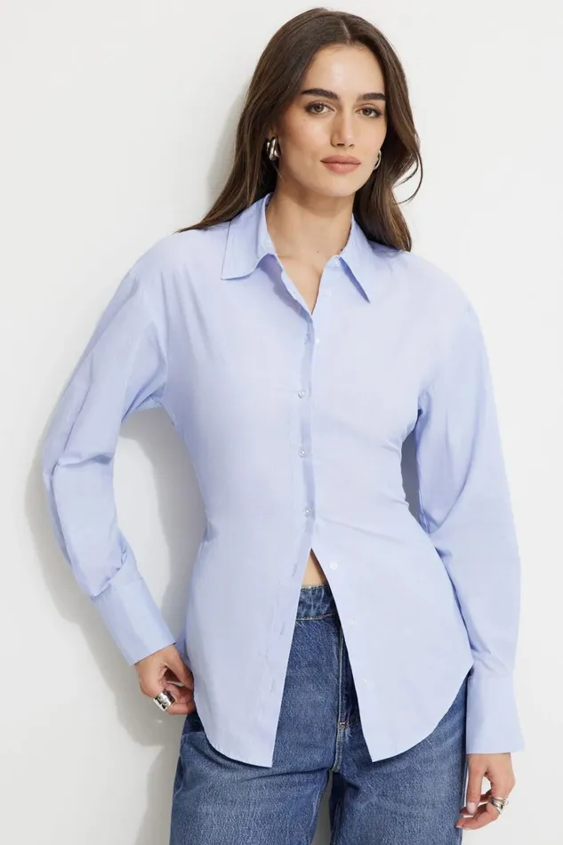 Women Dynamite Tops Cinched Waist Poplin Shirt Blue