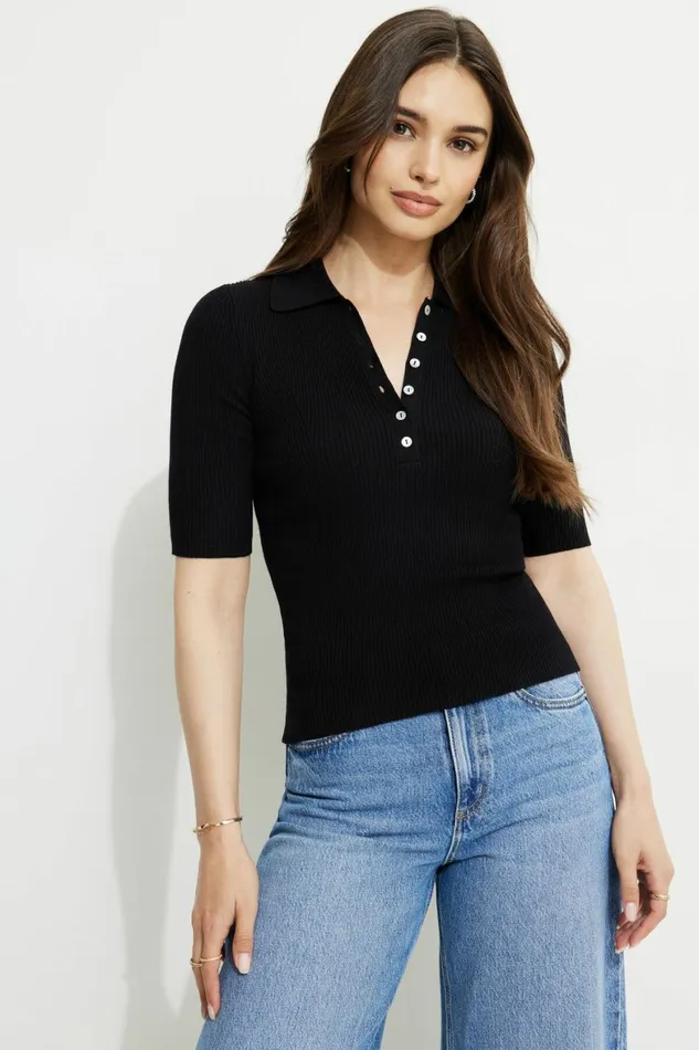 Women Dynamite Tops Ribbed Quarter Sleeve Polo Black