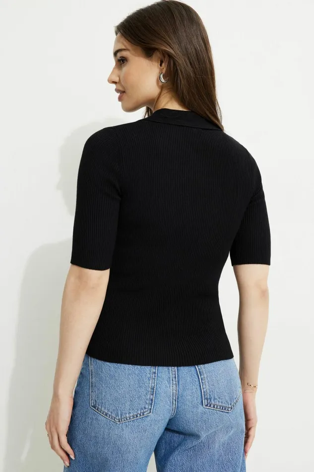 Women Dynamite Tops Ribbed Quarter Sleeve Polo Black