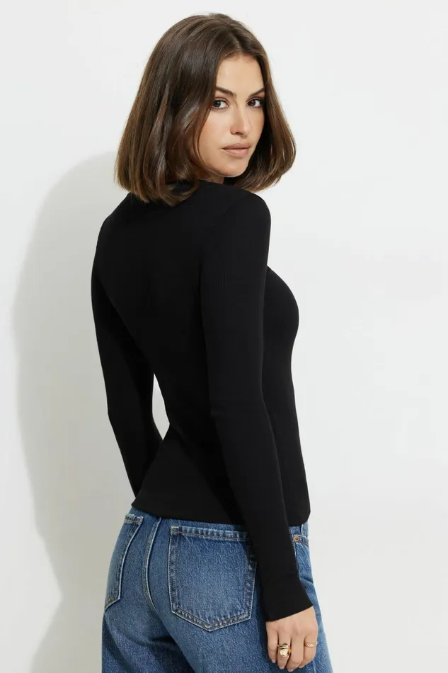 Women Dynamite Tops Tedi Ribbed Long Sleeve T Shirt Black