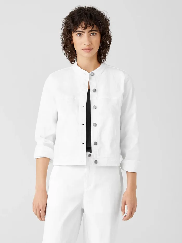 Women Eileen Fisher Denim Organic Cotton Denim Stand Collar Jacket White