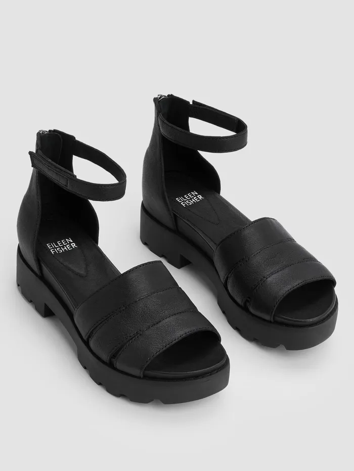 Women Eileen Fisher Shoes Heir Tumbled Leather Wedge Sandal Black