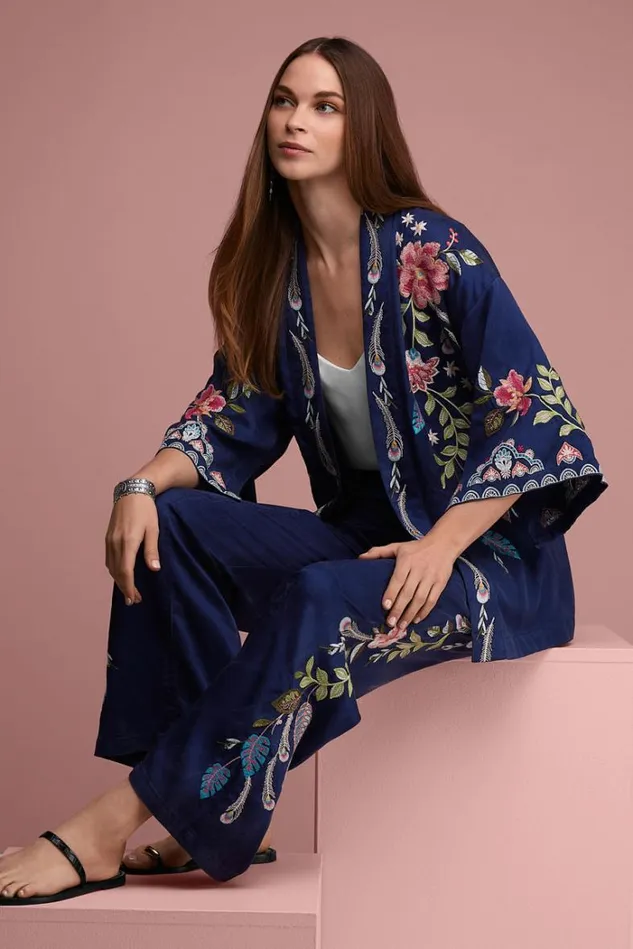 Women EMIKA BELTED WIDE LEG PANT Navy Johnny Was Bottoms