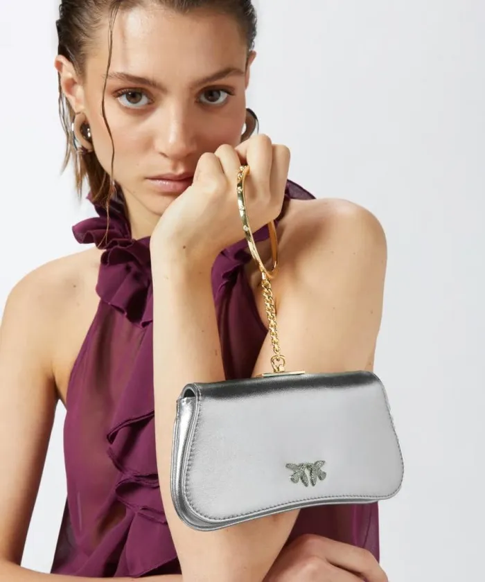 Women Evening Bags Pinko Laminated Clutch With Golden Bracelet Silvergold Women Evening Bags Pinko Laminated Clutch With Golden Bracelet Silvergold