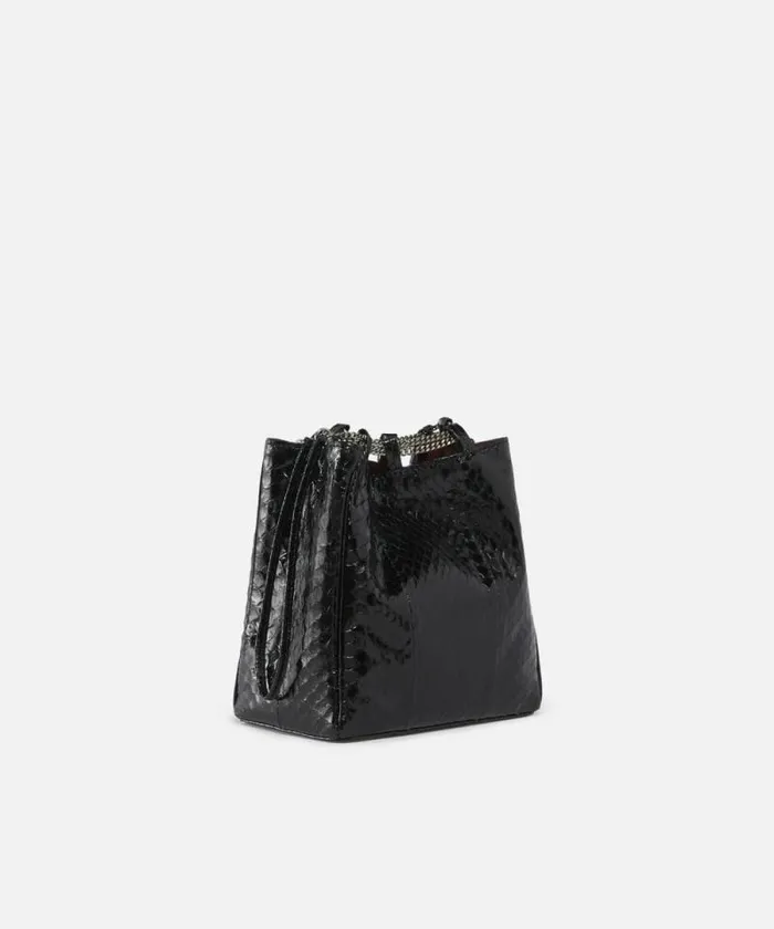 Women Evening Bags Pinko PINKO Galleria Mini Bucket Bag In Shiny Reptile Skin Blackold Silver