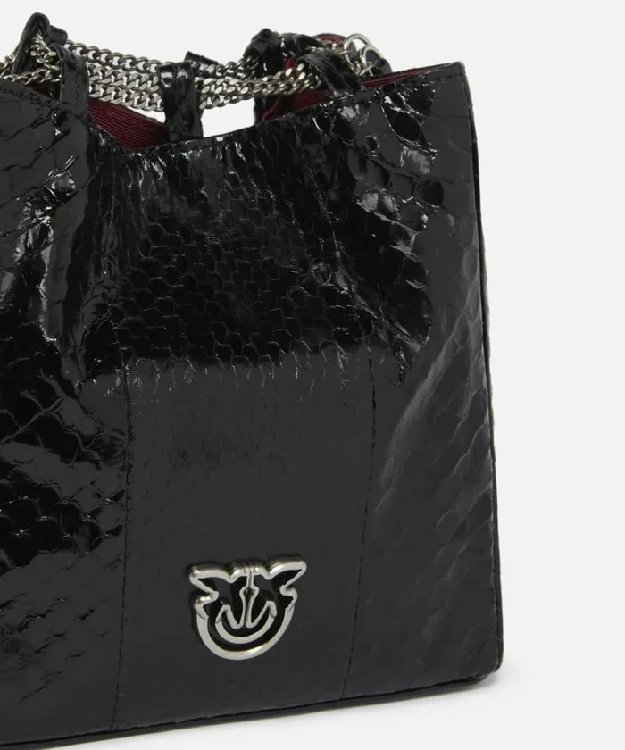 Women Evening Bags Pinko PINKO Galleria Mini Bucket Bag In Shiny Reptile Skin Blackold Silver