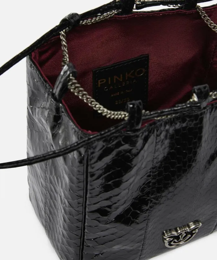 Women Evening Bags Pinko PINKO Galleria Mini Bucket Bag In Shiny Reptile Skin Blackold Silver