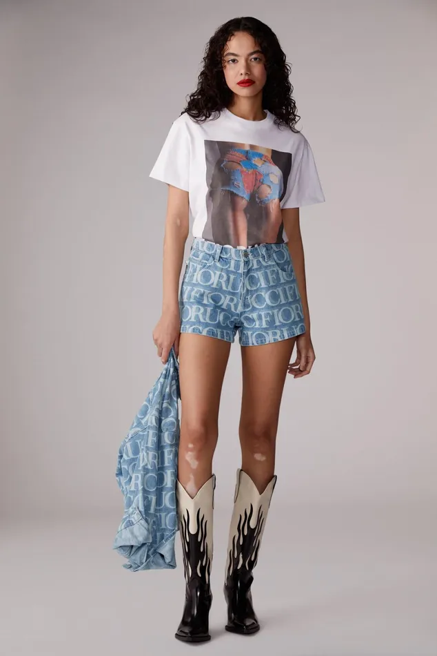 Women Fiorucci Jeans and Denim Laser Monogram Denim Shorts Blue