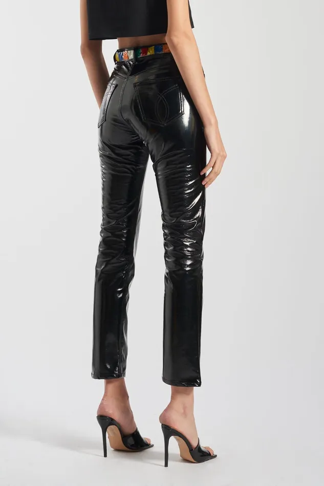 Women Fiorucci Pants Vinyl Slim Leg Trousers Black