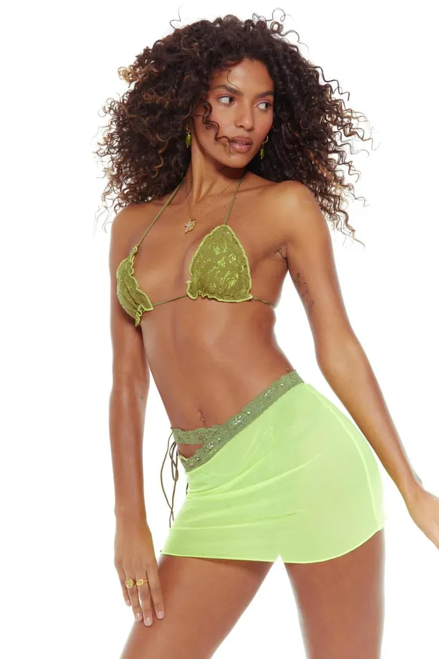 Women Green Asymmetric Mesh Skirt With Lace Trim Detail Jaded London Mini Skirts
