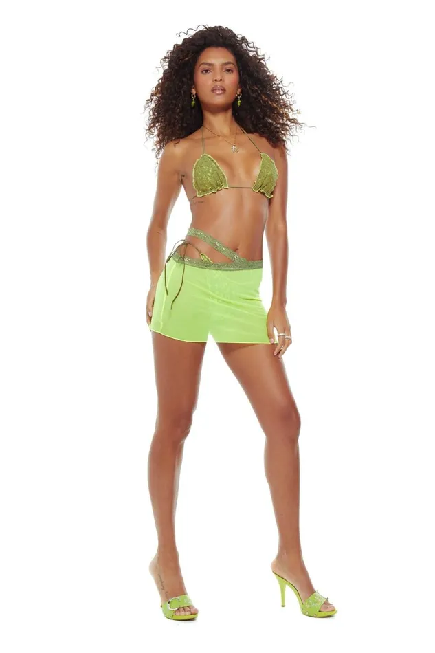 Women Green Asymmetric Mesh Skirt With Lace Trim Detail Jaded London Mini Skirts