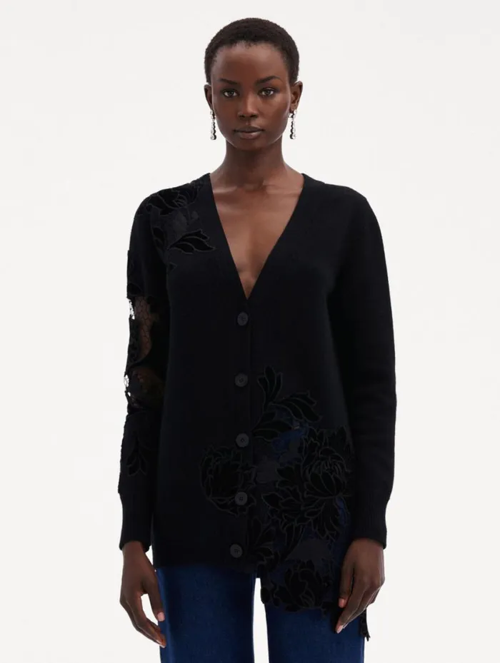 Women Guipure Inset Long Cardigan Black Oscar De La Renta Blouses and Knits Women Guipure Inset Long Cardigan Black Oscar De La Renta Blouses and Knits