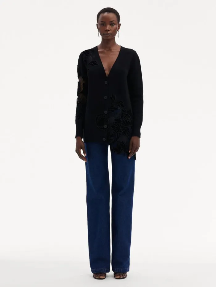 Women Guipure Inset Long Cardigan Black Oscar De La Renta Blouses and Knits Women Guipure Inset Long Cardigan Black Oscar De La Renta Blouses and Knits