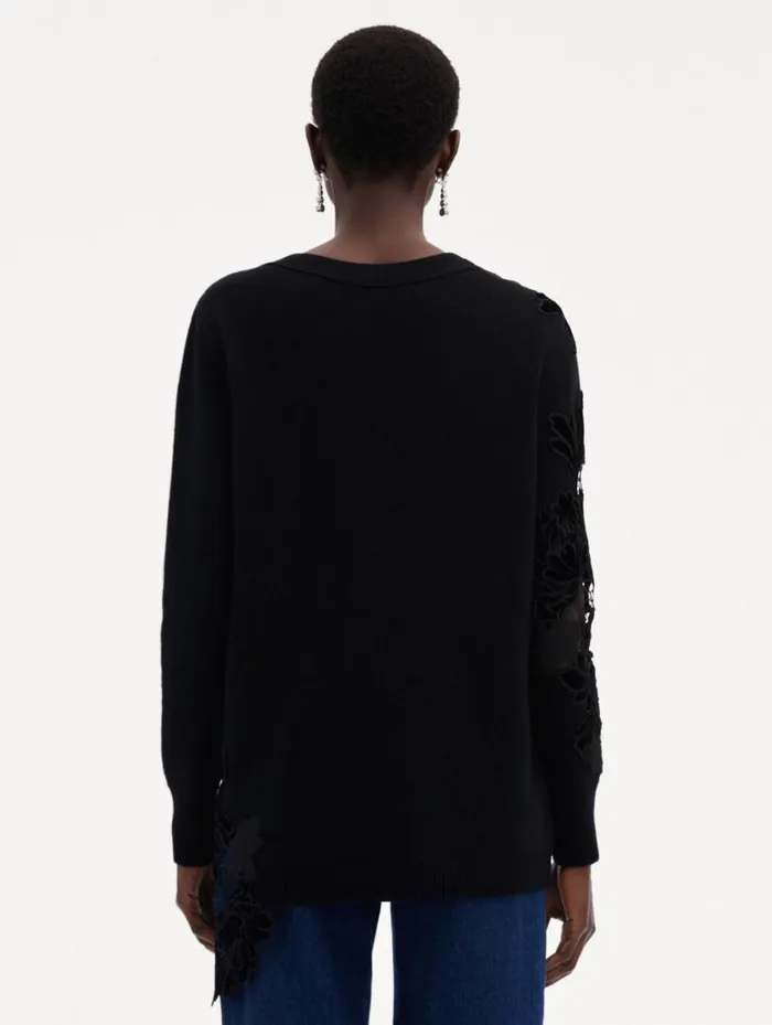 Women Guipure Inset Long Cardigan Black Oscar De La Renta Blouses and Knits Women Guipure Inset Long Cardigan Black Oscar De La Renta Blouses and Knits