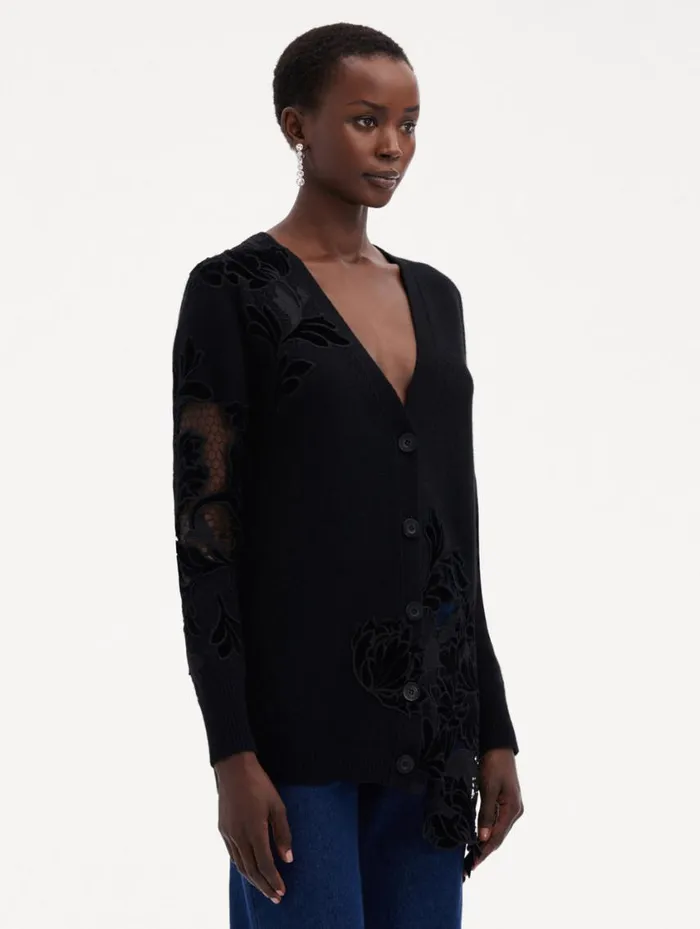 Women Guipure Inset Long Cardigan Black Oscar De La Renta Blouses and Knits Women Guipure Inset Long Cardigan Black Oscar De La Renta Blouses and Knits