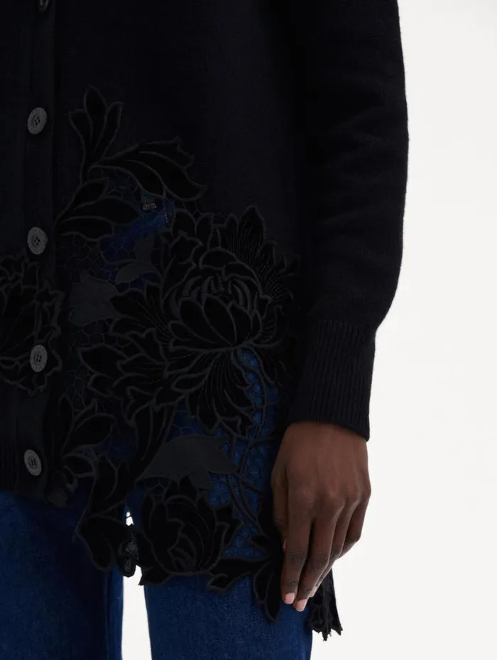 Women Guipure Inset Long Cardigan Black Oscar De La Renta Blouses and Knits Women Guipure Inset Long Cardigan Black Oscar De La Renta Blouses and Knits