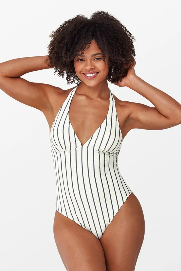 Women Halter and Lace Up Swimsuits Cupshe Alice Stripe Halter One Piece Swimsuit Whiteblack