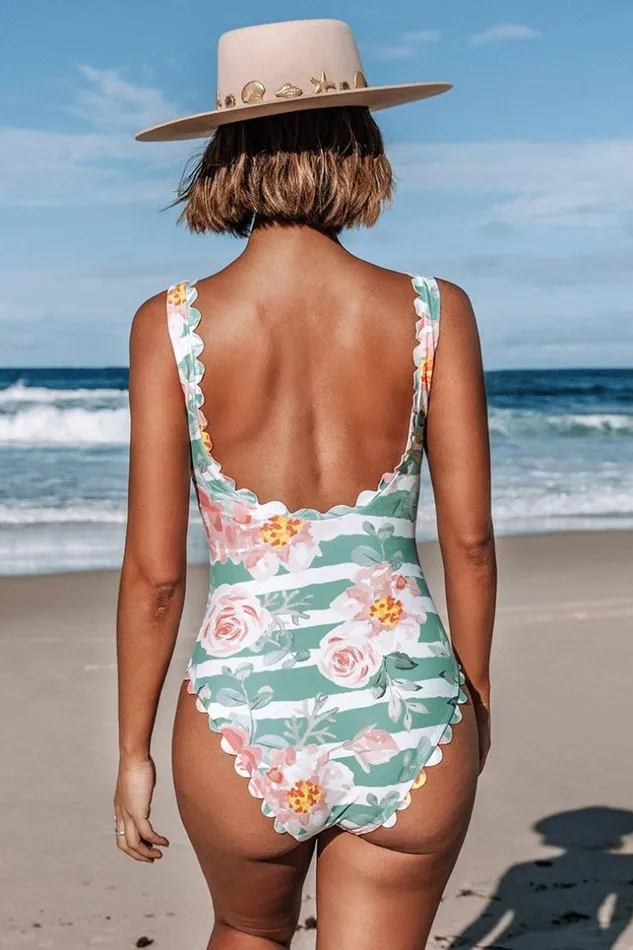 Women Halter and Lace Up Swimsuits Cupshe Floral And Striped Scalloped One Piece Swimsuit Multicolor