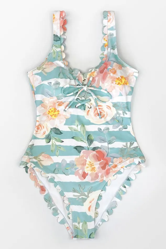 Women Halter and Lace Up Swimsuits Cupshe Floral And Striped Scalloped One Piece Swimsuit Multicolor