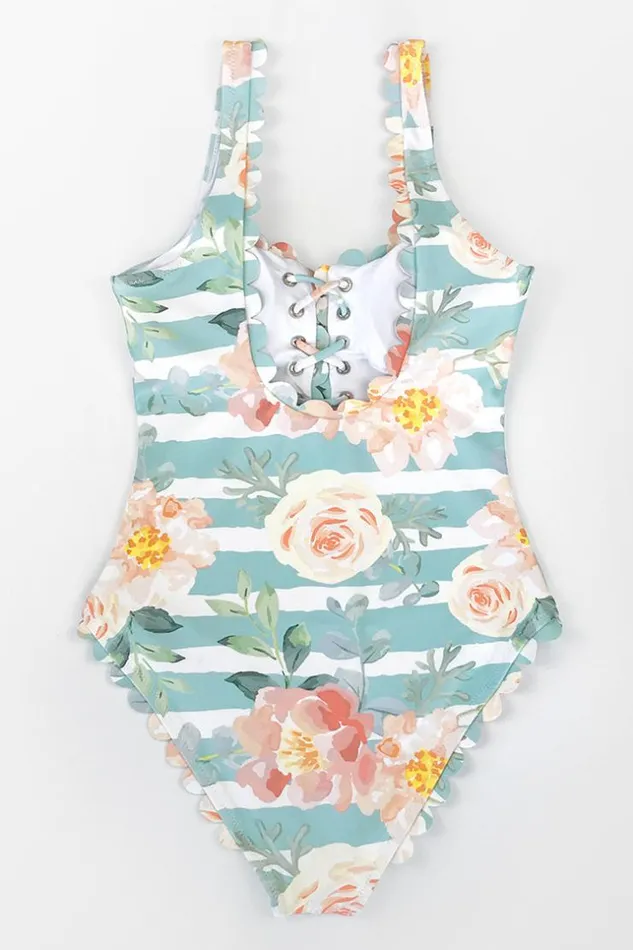 Women Halter and Lace Up Swimsuits Cupshe Floral And Striped Scalloped One Piece Swimsuit Multicolor