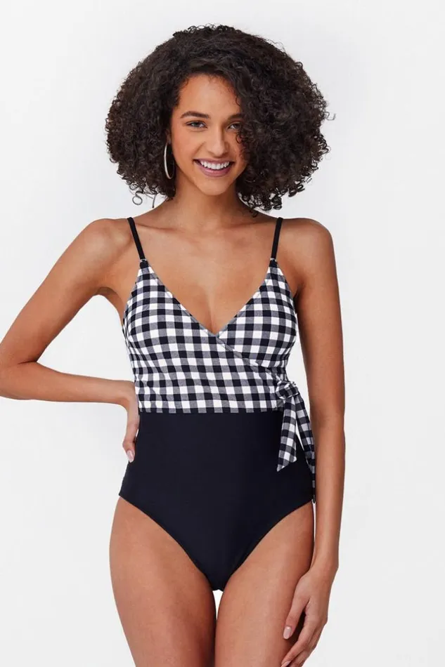 Women Halter and Lace Up Swimsuits Cupshe Izzy Gingham One Piece Swimsuit Blackwhite
