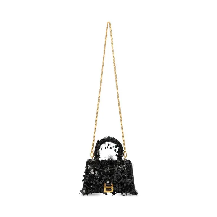 Women Handbags Balenciaga Hourglass Xs Handbag With Chain Embroidery In Black