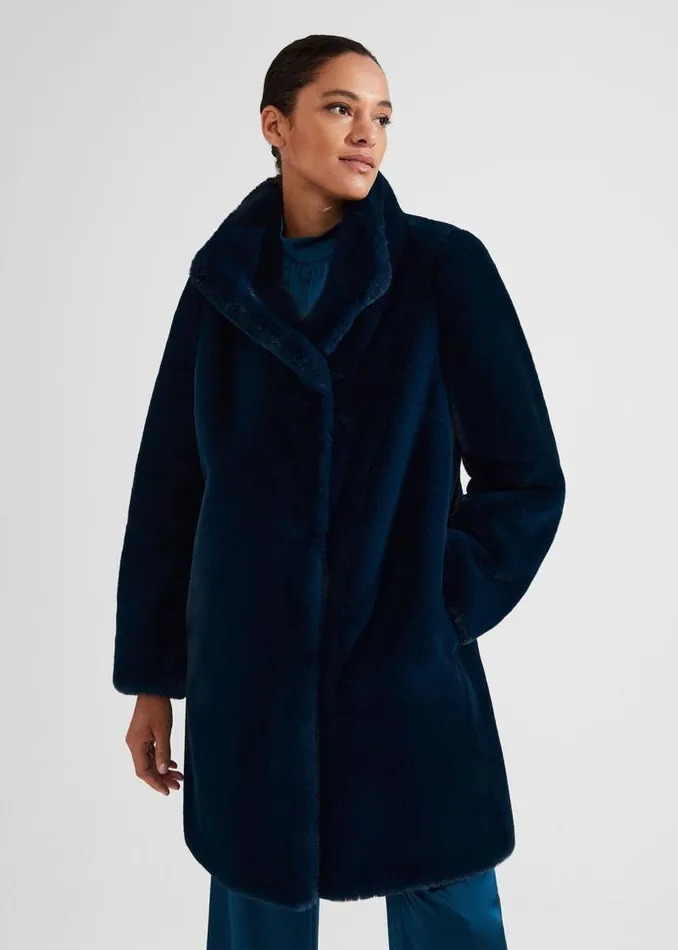 Women HOBBS Coats and Jackets Petite Maddox Faux Fur Coat Steel Blue