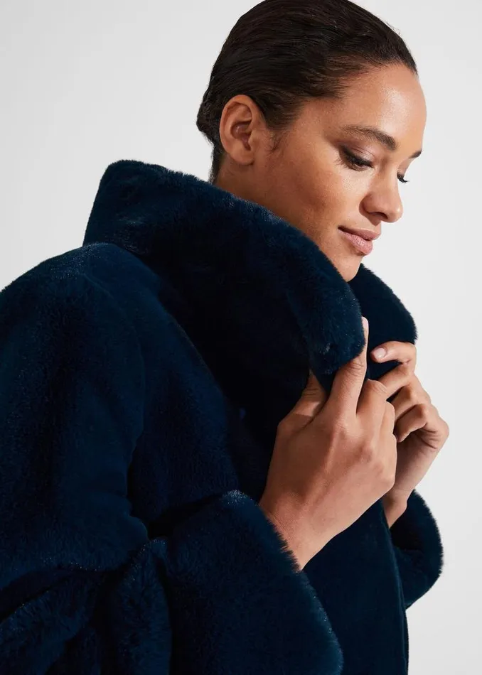 Women HOBBS Coats and Jackets Petite Maddox Faux Fur Coat Steel Blue