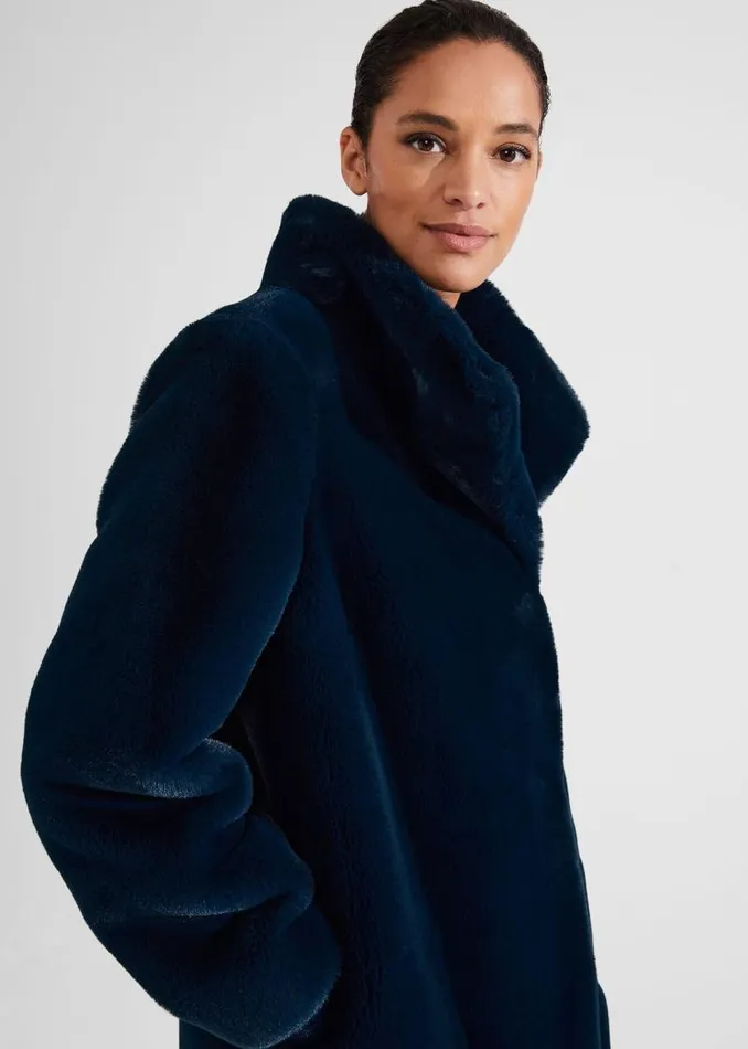 Women HOBBS Coats and Jackets Petite Maddox Faux Fur Coat Steel Blue