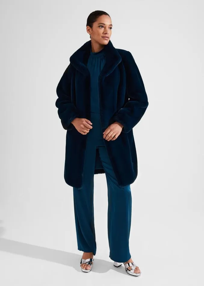 Women HOBBS Coats and Jackets Petite Maddox Faux Fur Coat Steel Blue