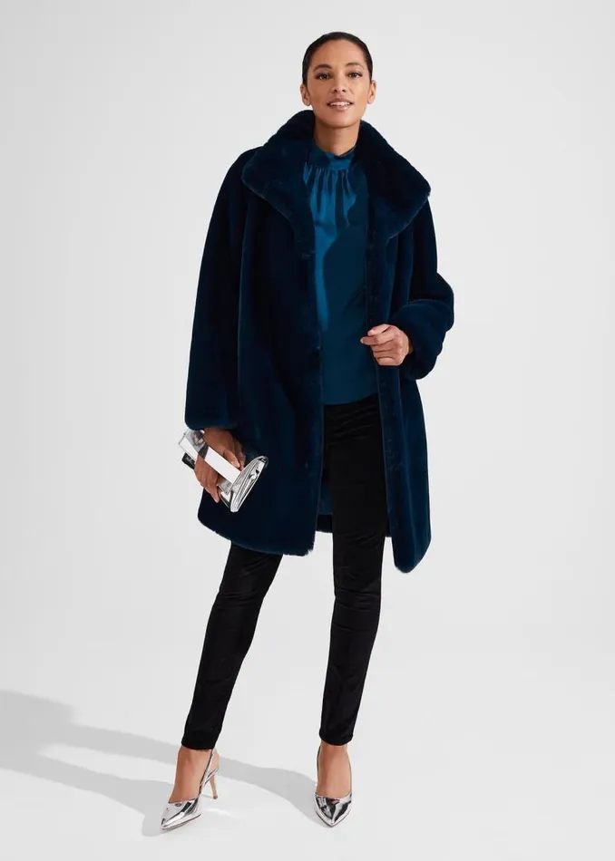 Women HOBBS Coats and Jackets Petite Maddox Faux Fur Coat Steel Blue