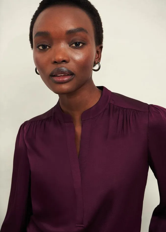 Women HOBBS Tops Jade Satin Blouse Warm Plum