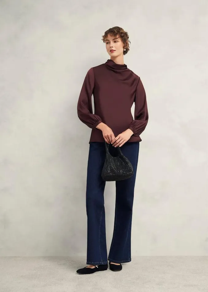 Women HOBBS Tops Lulworth Satin Blouse Cocoa Brown