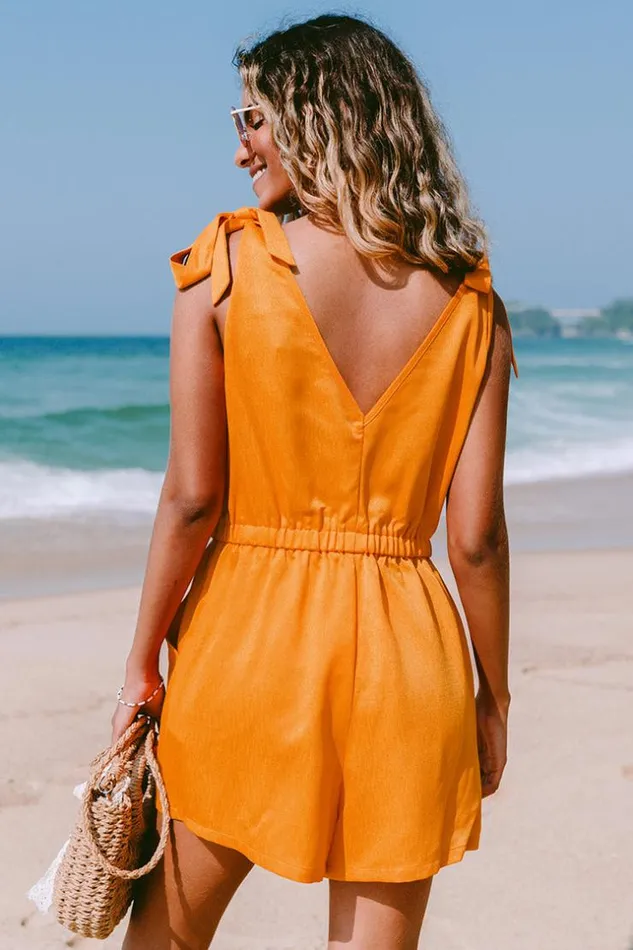 Women Jumpsuits and Rompers Cupshe Ayanna Orange Tie Shoulder Plunging Romper Orange