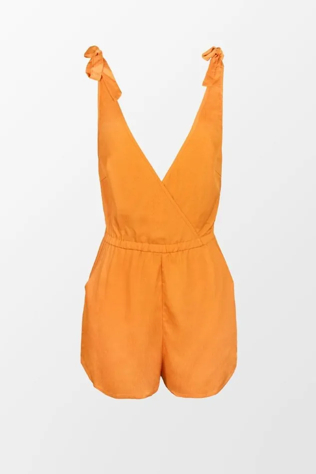 Women Jumpsuits and Rompers Cupshe Ayanna Orange Tie Shoulder Plunging Romper Orange