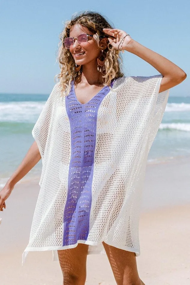 Women Kaftans Cupshe Ora Color Block Crochet Cover Up White