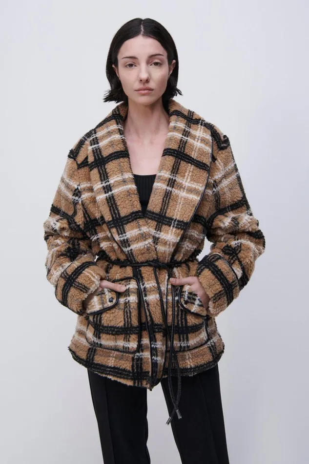 Women Kimia Jacket Camel Plaid Jonathan Simkhai Jackets and Coats