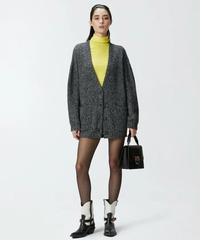 Women Knitwear Pinko Alpacablend Ribbed Cardigan With Vneck Greyblackwhite