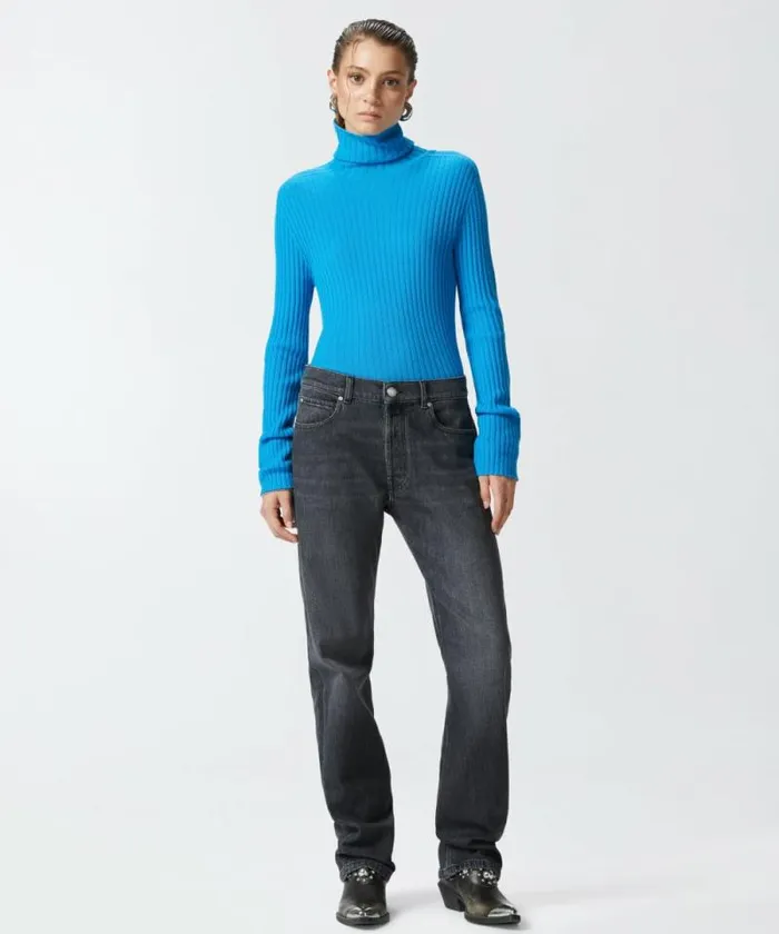 Women Knitwear Pinko Highneck Ribbed Cashmereblend Sweater With Lurex Cuffs Turquoisegrey Women Knitwear Pinko Highneck Ribbed Cashmereblend Sweater With Lurex Cuffs Turquoisegrey