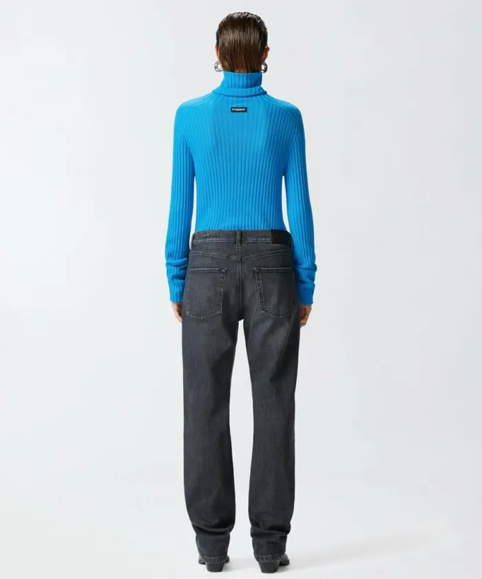 Women Knitwear Pinko Highneck Ribbed Cashmereblend Sweater With Lurex Cuffs Turquoisegrey Women Knitwear Pinko Highneck Ribbed Cashmereblend Sweater With Lurex Cuffs Turquoisegrey